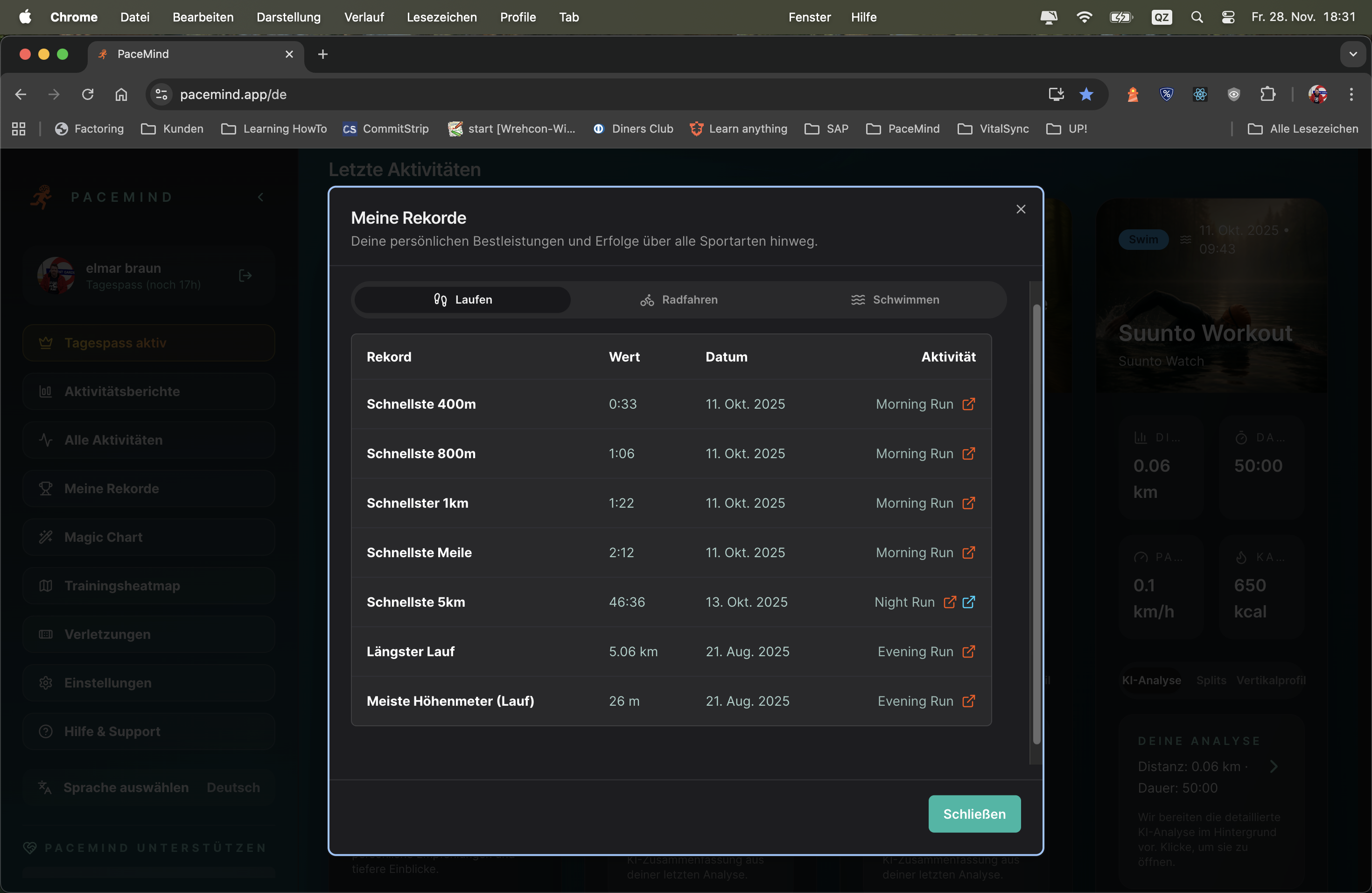 Rekord-Übersicht mit automatischer Erkennung aller Bestleistungen